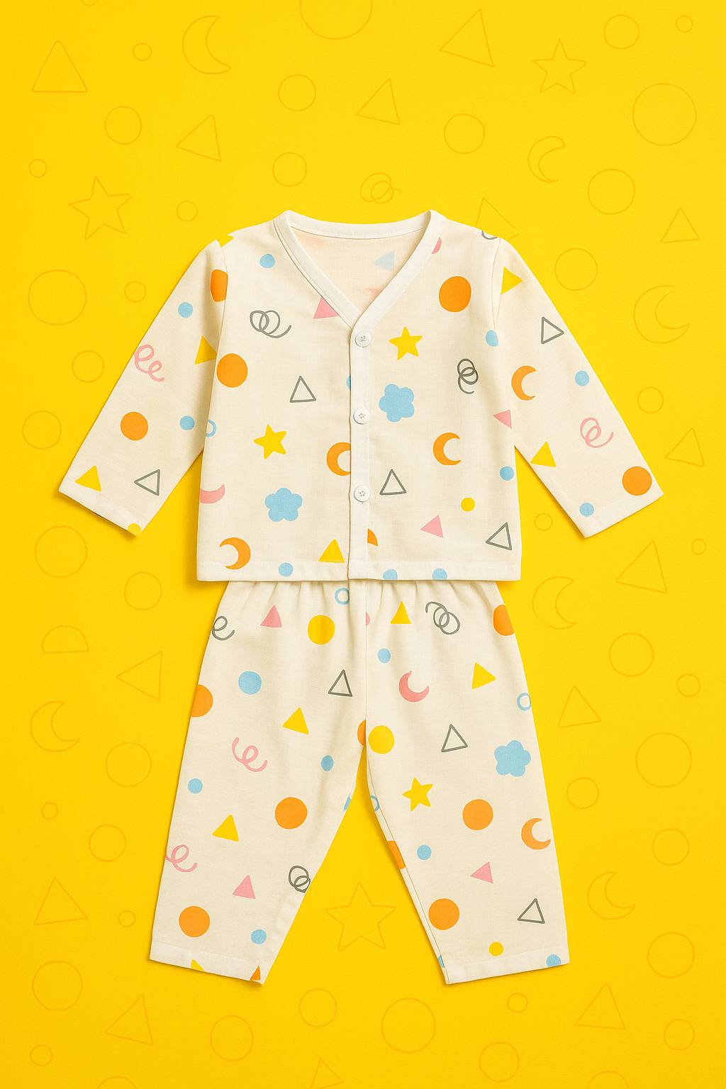 Geo Pop Muslin Night Suit – Soft Cotton Baby Sleepwear (3–6M)
