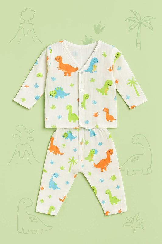 Dino Land Muslin Night Suit – Soft Cotton Babywear (3–6M)