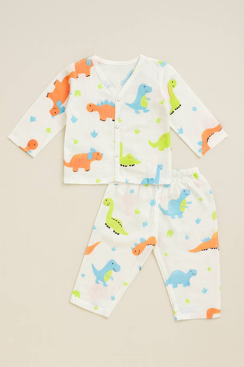 Dino Land Muslin Night Suit – Soft Cotton Babywear (3–6M)