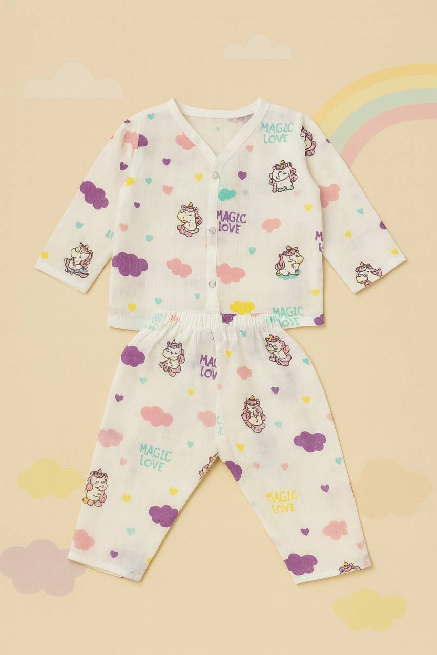 Magic Love Muslin Night Suit – Unicorn Print Babywear