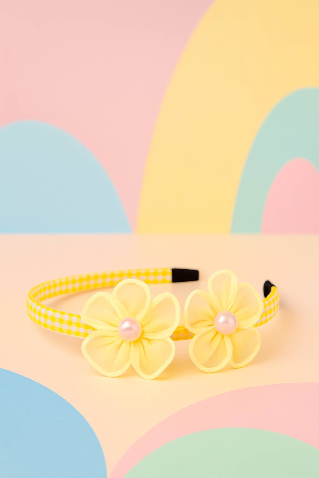 Blossom Pearl Gingham Hairband – Floral & Pearl Hair Accessory for Girls