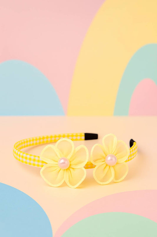 Blossom Pearl Gingham Hairband – Floral & Pearl Hair Accessory for Girls