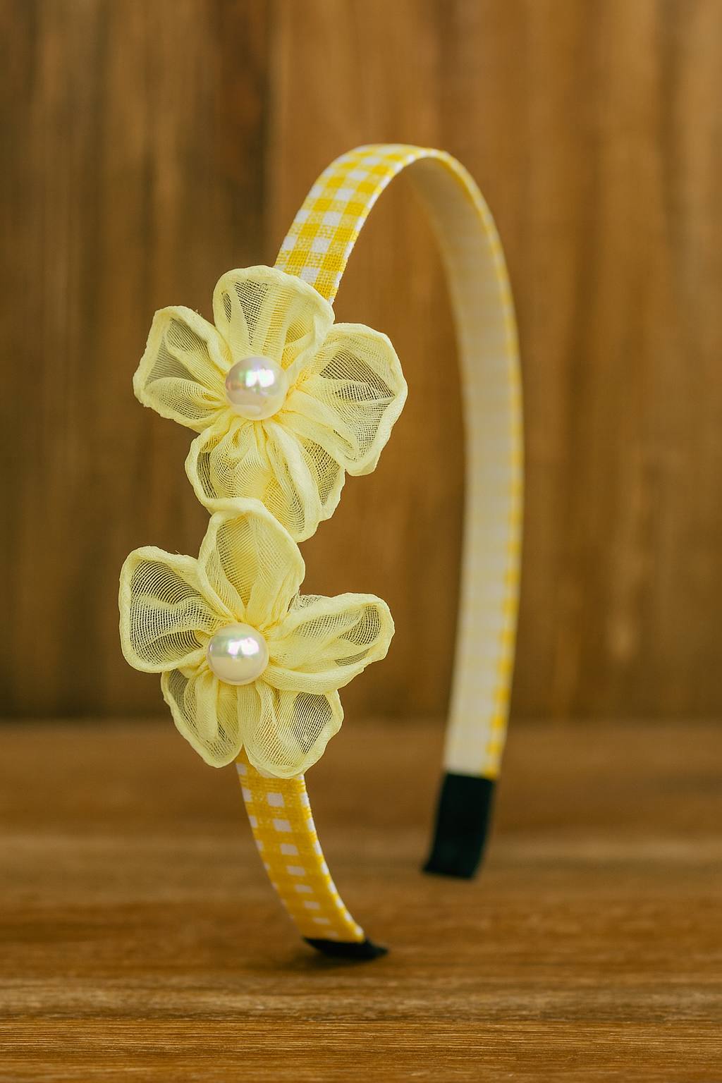 Blossom Pearl Gingham Hairband – Floral & Pearl Hair Accessory for Girls