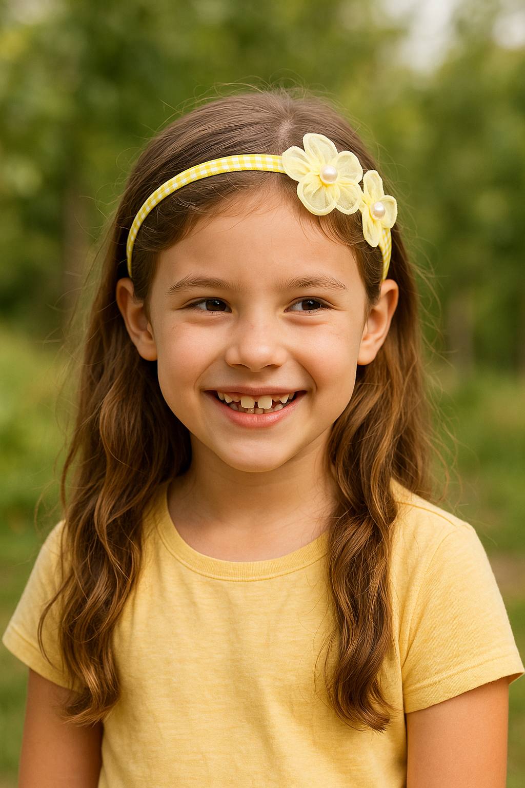 Blossom Pearl Gingham Hairband – Floral & Pearl Hair Accessory for Girls