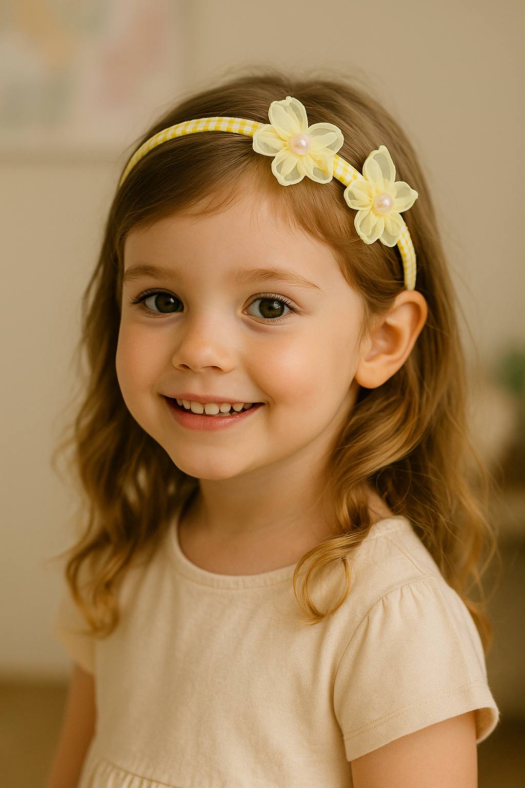 Blossom Pearl Gingham Hairband – Floral & Pearl Hair Accessory for Girls