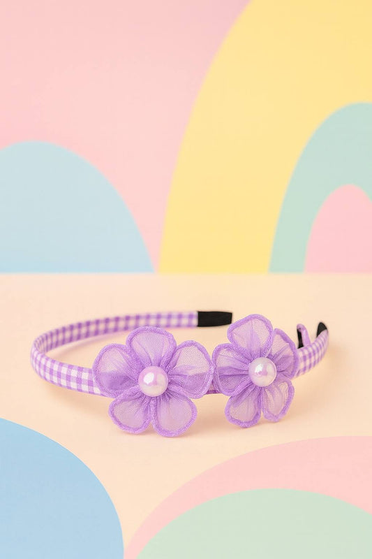 Blossom Pearl Gingham Hairband – Floral & Pearl Hair Accessory for Girls
