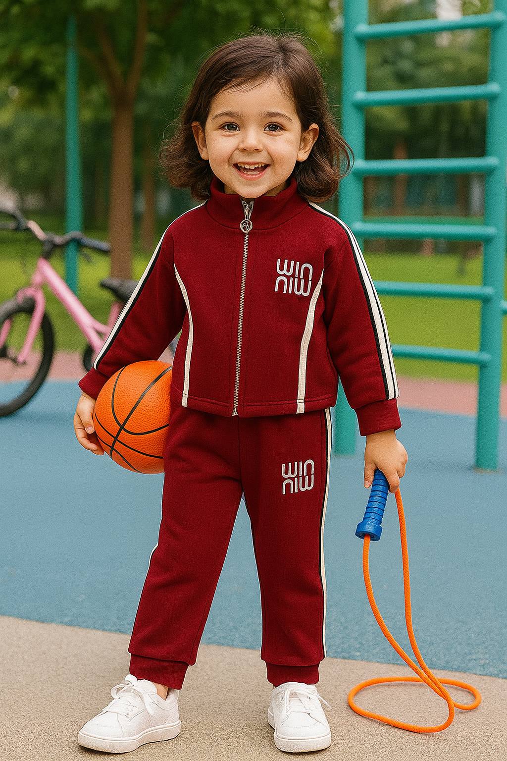 Kids Maroon Tracksuit Set – Sporty Stripe Jacket & Pants Outfit