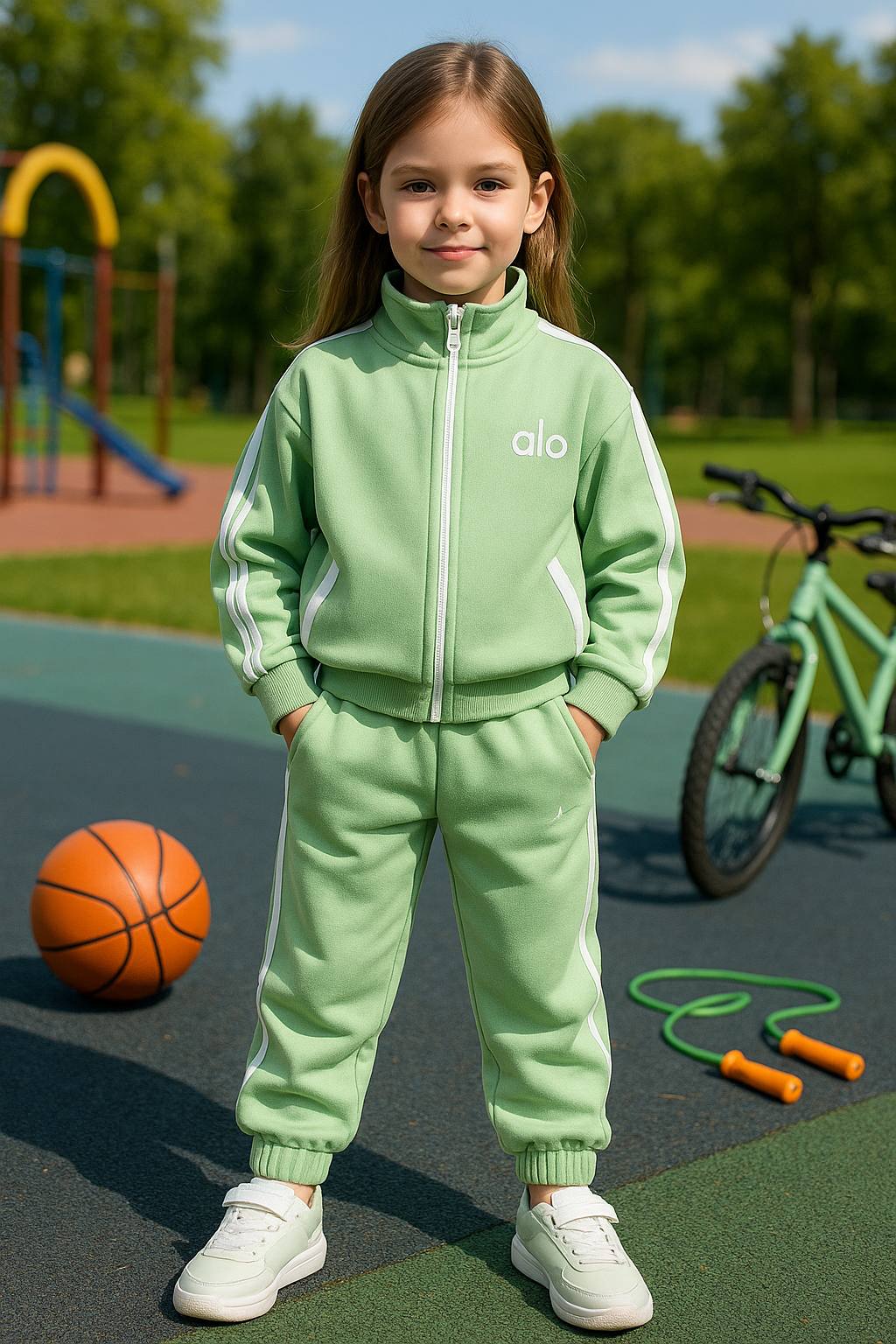 Kids Green Tracksuit Set – Sporty Zip Jacket & Jogger Pants Outfit