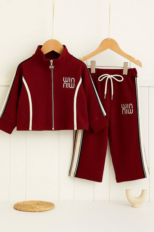 Kids Maroon Tracksuit Set – Sporty Stripe Jacket & Pants Outfit